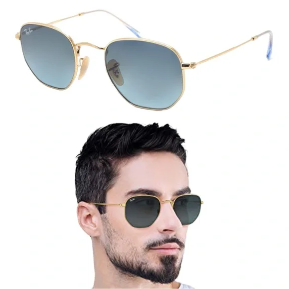 π₯ Ray-Ban Hexagonal Flat Lenses Sunglasses RB3548-N Gold/Blue & Case | Unisex | - Picture 2 of 10